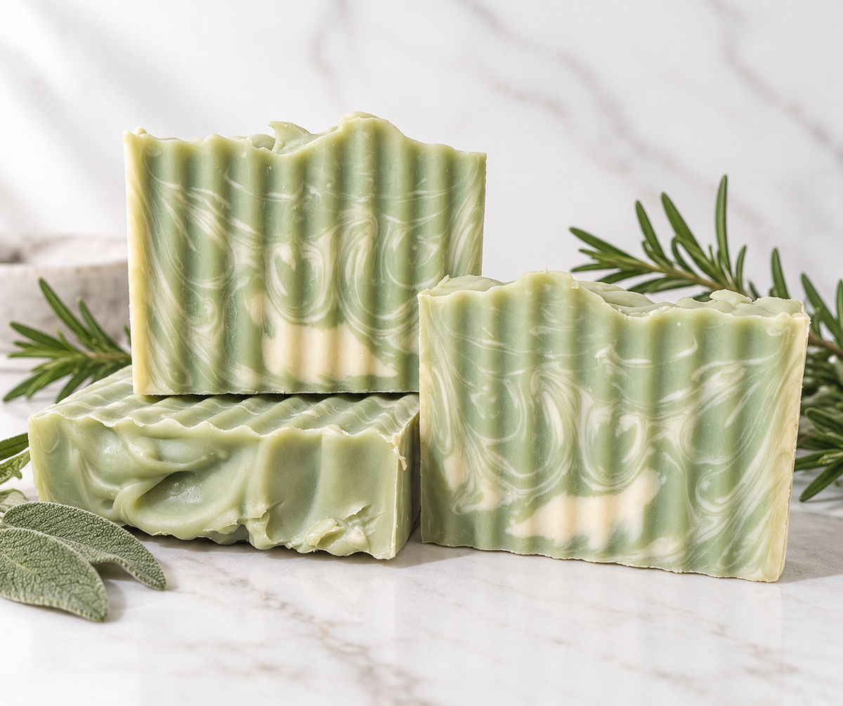 Three bars of handmade soap with a light green and cream marbled swirl pattern, styled with rosemary and sage leaves on a white marble surface.